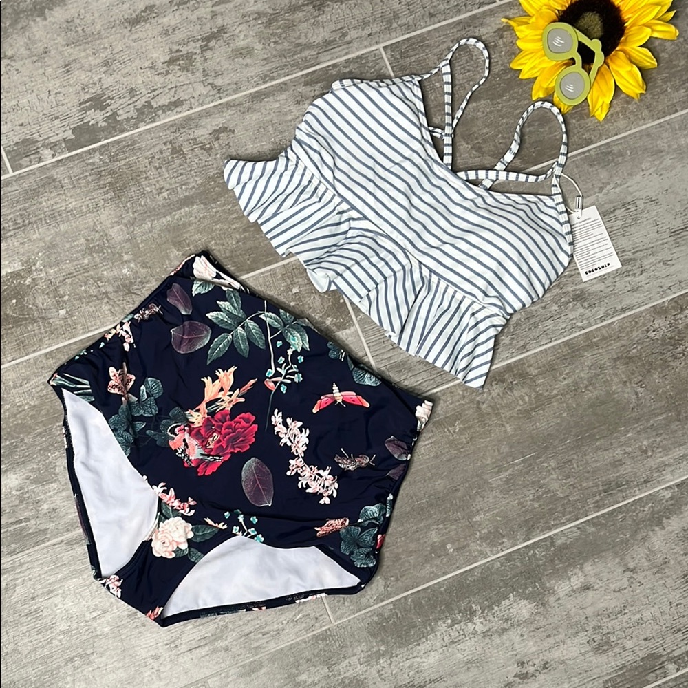 COCOSHIP Striped and Floral Bikini Set